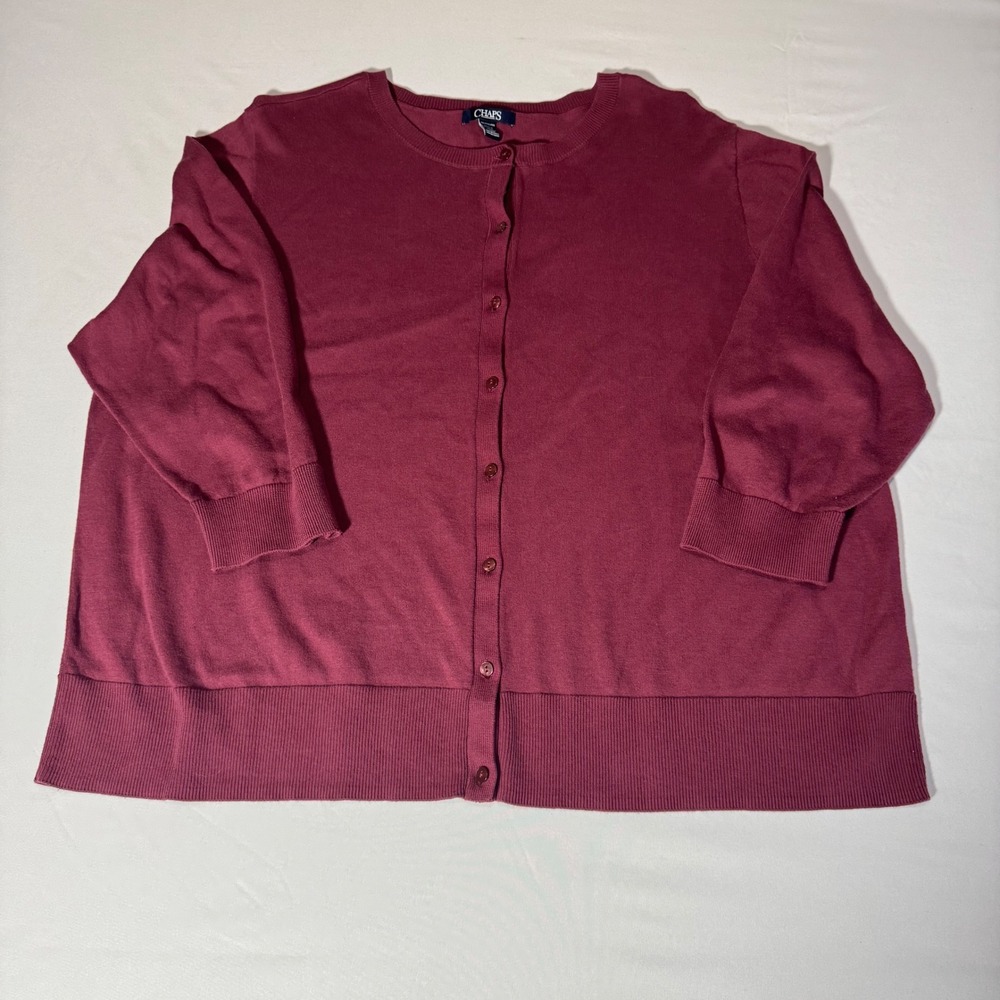 Chaps Womens 2X Burgundy Wine Cotton Button Front 3/4 Sleeve Cardigan Sweater